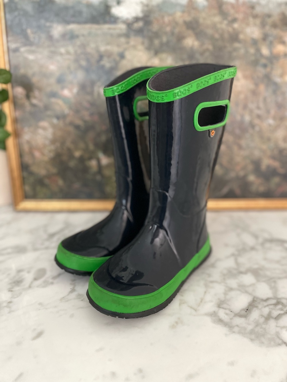 Bogs kids boots size 13 navy blue green waterproof rain snow pull on